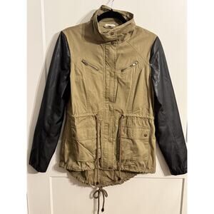 B_envied Jacket Womens Medium Beige Cotton Anorak Faux Leather Sleeve Drawstring